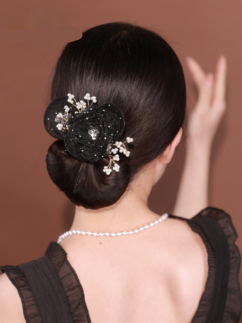 Load image into Gallery viewer, Starry Sky Flower Style Updo Topknot Hair Clip Black Exquisite Headdress
