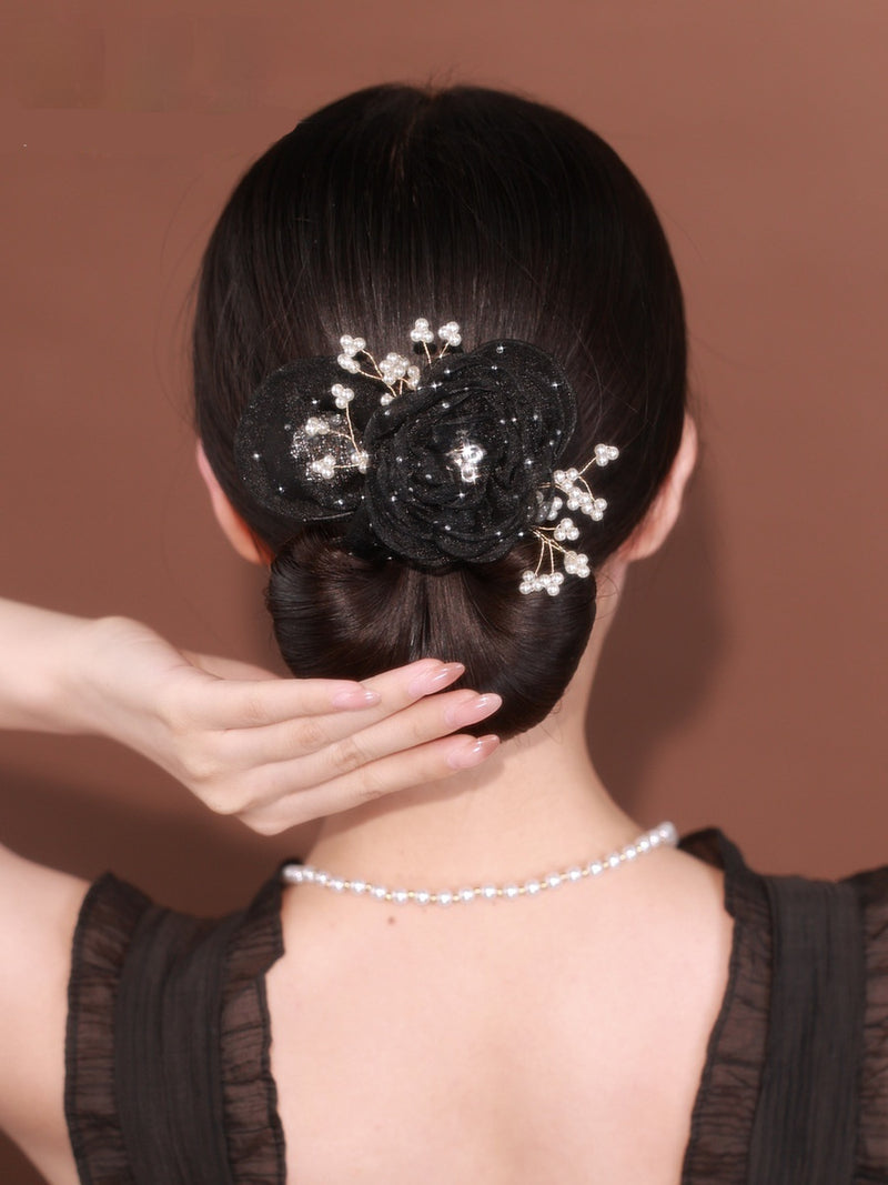 Load image into Gallery viewer, Starry Sky Flower Style Updo Topknot Hair Clip Black Exquisite Headdress
