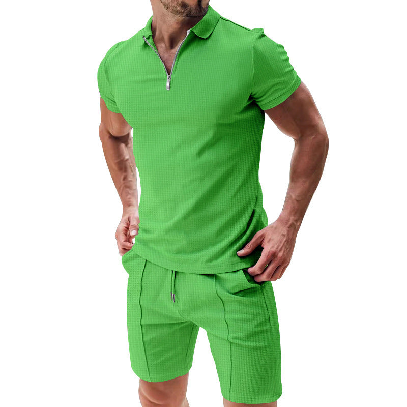 Load image into Gallery viewer, 2Pcs Casual Waffle Suit Summer Zipper Lapel Short-sleeved Top And Drawstring Pockets Shorts Versatile Solid Color T-shirt Set For Mens Clothing
