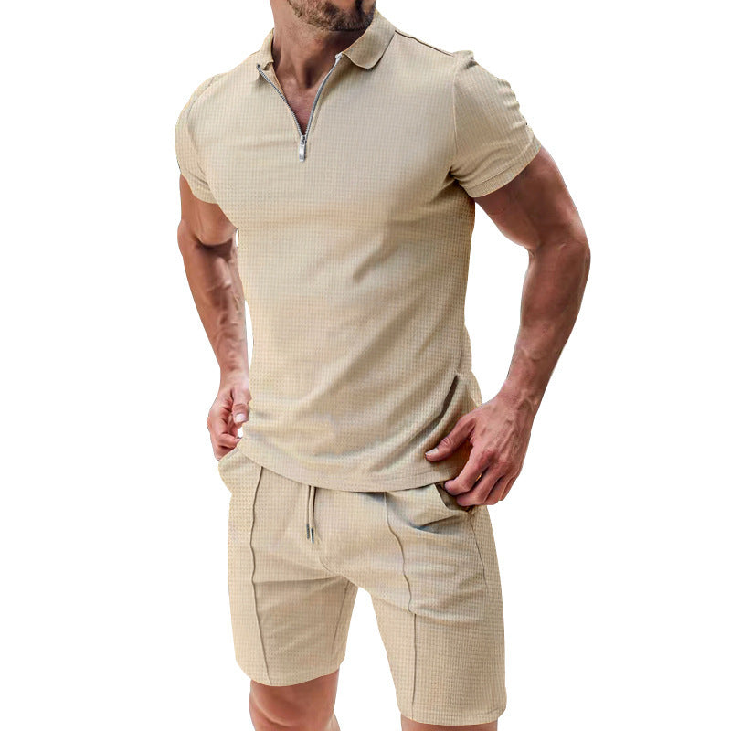 Load image into Gallery viewer, 2Pcs Casual Waffle Suit Summer Zipper Lapel Short-sleeved Top And Drawstring Pockets Shorts Versatile Solid Color T-shirt Set For Mens Clothing
