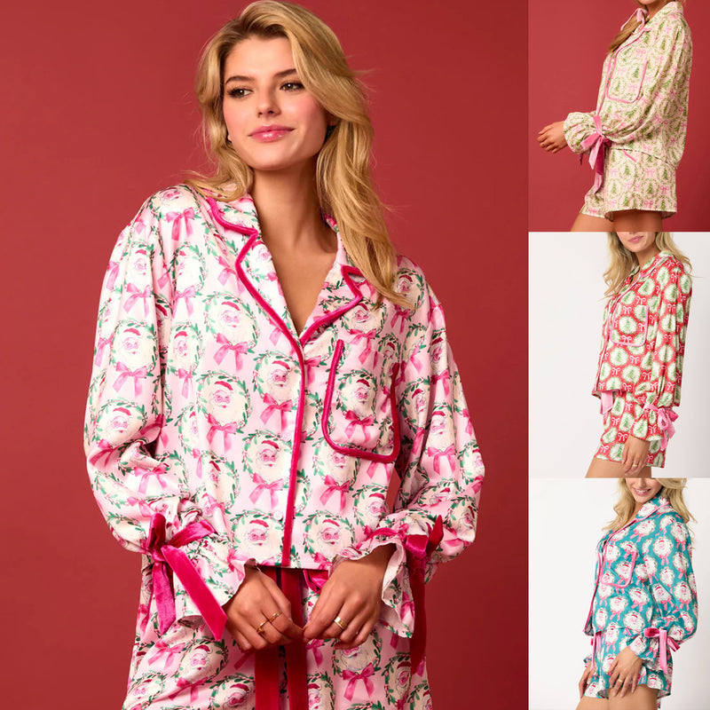 Load image into Gallery viewer, 2 Pcs Women&#39;s Christmas Pajama Set Santa Tree Print Lapel Neck Button-up Long Sleeve Tops Shorts Loungewear Outfit
