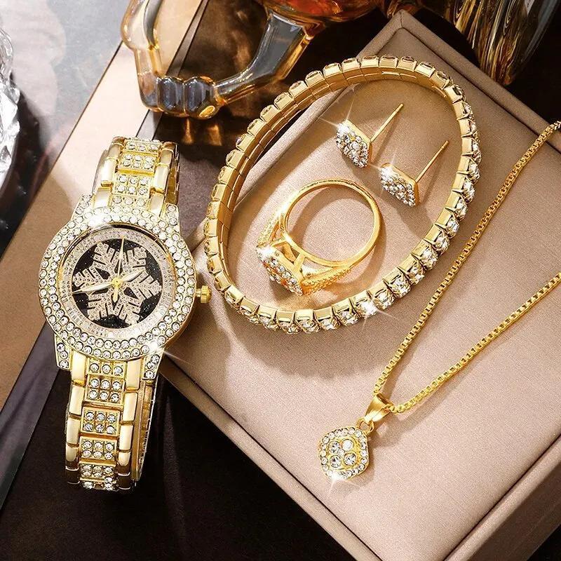 Load image into Gallery viewer, Snowflake Pattern Watch Luxury Full Rhinestone Jewelry Five-piece Set
