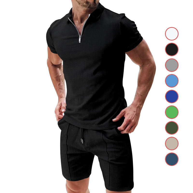 Load image into Gallery viewer, 2Pcs Casual Waffle Suit Summer Zipper Lapel Short-sleeved Top And Drawstring Pockets Shorts Versatile Solid Color T-shirt Set For Mens Clothing
