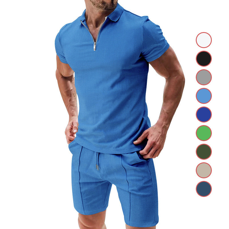 Load image into Gallery viewer, 2Pcs Casual Waffle Suit Summer Zipper Lapel Short-sleeved Top And Drawstring Pockets Shorts Versatile Solid Color T-shirt Set For Mens Clothing
