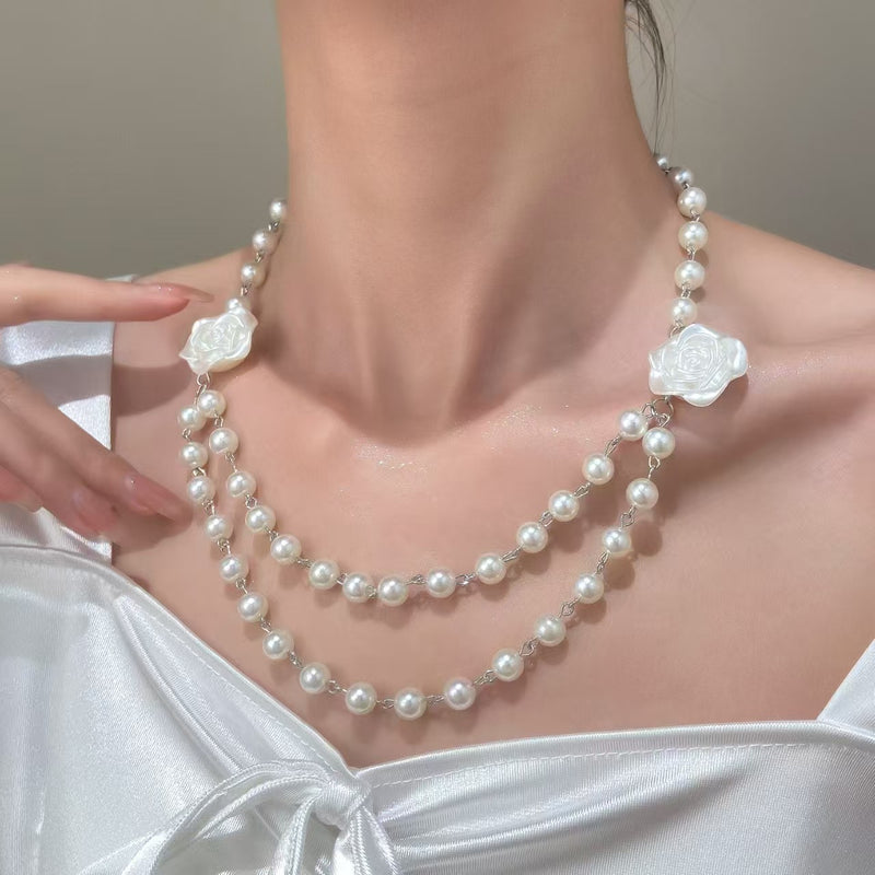 Load image into Gallery viewer, Fairy Style Elegant French Pearl Camellia Double-layer Necklace
