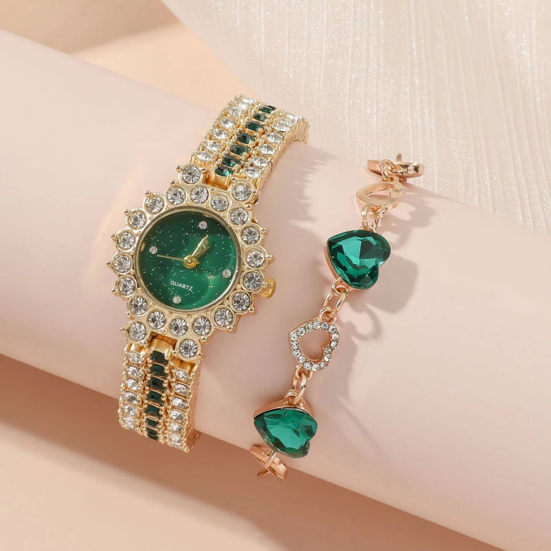 Load image into Gallery viewer, Popular Small Green Watch Women&#39;s Steel Belt Quartz Watch Ring Gift Set Boxed Five-piece Set
