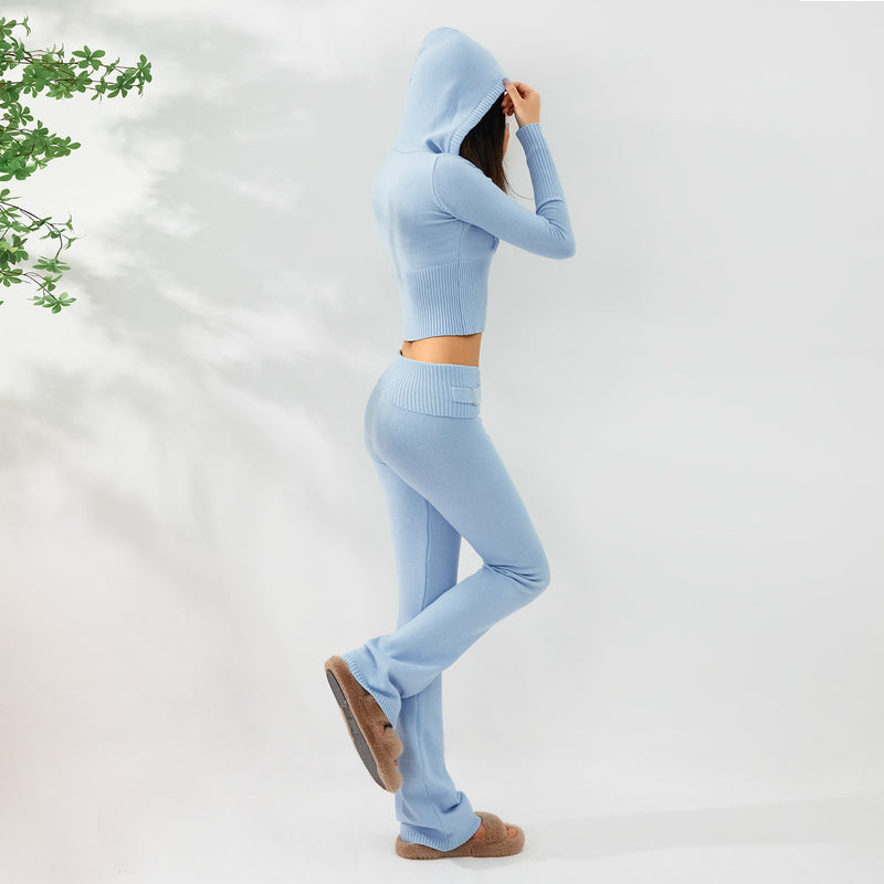 Load image into Gallery viewer, 2pcs Knitted Hooded Suits Women&#39;s Long-sleeved Cardigan And High Waisted Trousers Clothing
