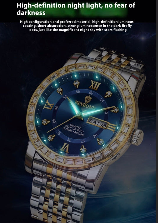 Bussiness Diamond Embedded Mechanical Watch Double Calender Waterproof Luminous