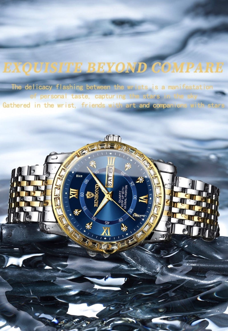 Load image into Gallery viewer, Bussiness Diamond Embedded Mechanical Watch Double Calender Waterproof Luminous
