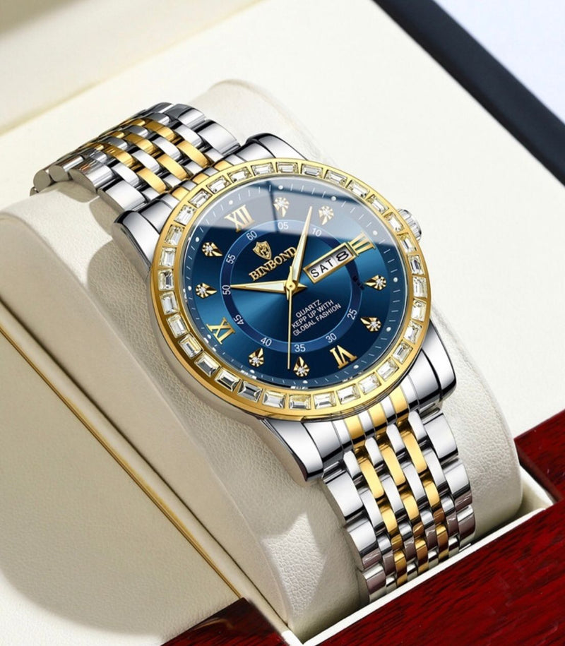 Load image into Gallery viewer, Bussiness Diamond Embedded Mechanical Watch Double Calender Waterproof Luminous
