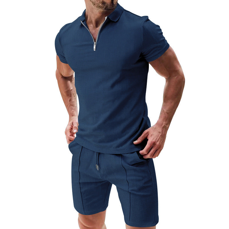 Load image into Gallery viewer, 2Pcs Casual Waffle Suit Summer Zipper Lapel Short-sleeved Top And Drawstring Pockets Shorts Versatile Solid Color T-shirt Set For Mens Clothing
