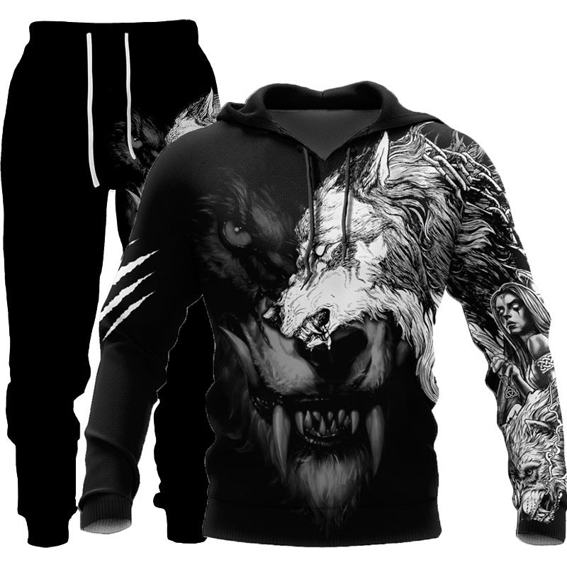 Load image into Gallery viewer, 3D Wolf Print Tracksuit Men Sportswear Hooded Sweatsuit Two Piece Outdoors Running Fitness Mens Clothing Jogging Set
