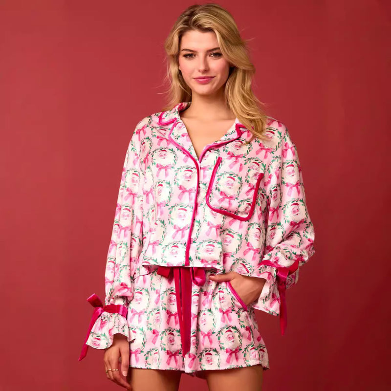 Load image into Gallery viewer, 2 Pcs Women&#39;s Christmas Pajama Set Santa Tree Print Lapel Neck Button-up Long Sleeve Tops Shorts Loungewear Outfit
