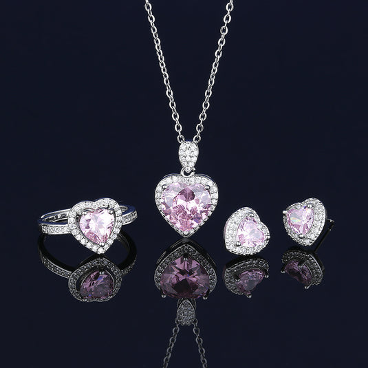 Pink Crystal Zircon Necklace Women's Suit Fashion Love Heart-shaped Ring Stud Earrings