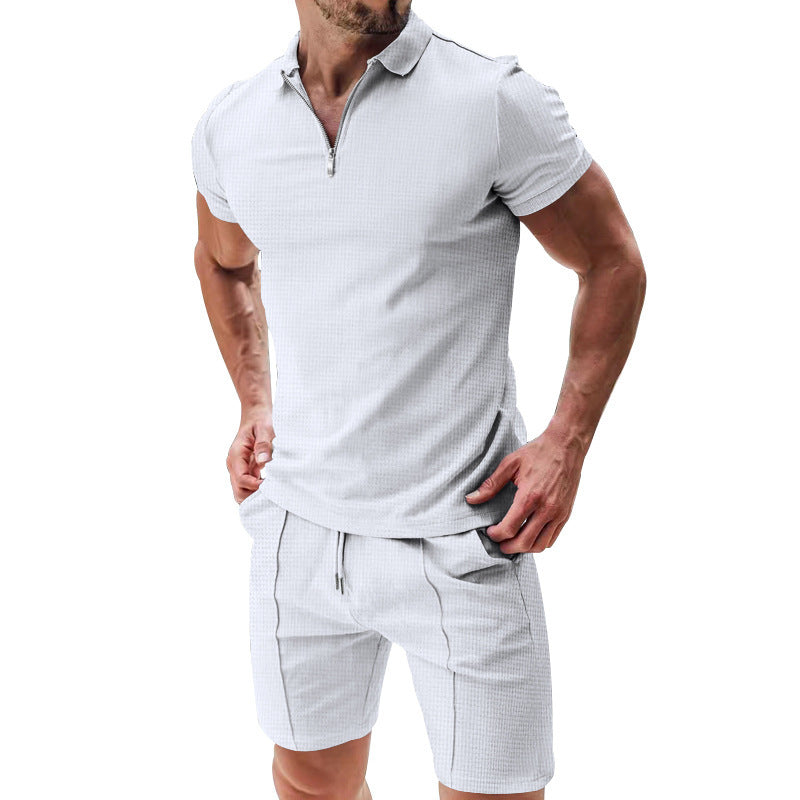 Load image into Gallery viewer, 2Pcs Casual Waffle Suit Summer Zipper Lapel Short-sleeved Top And Drawstring Pockets Shorts Versatile Solid Color T-shirt Set For Mens Clothing
