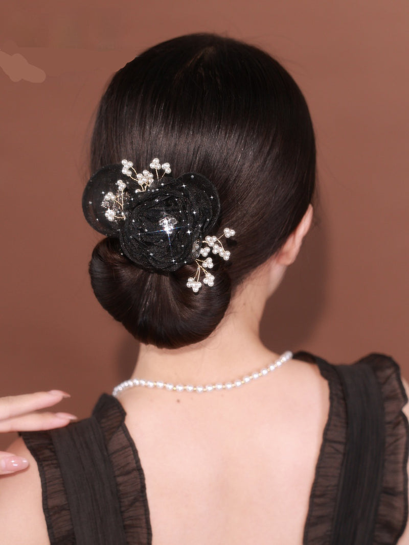 Load image into Gallery viewer, Starry Sky Flower Style Updo Topknot Hair Clip Black Exquisite Headdress
