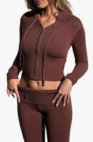 Load image into Gallery viewer, 2pcs Knitted Hooded Suits Women&#39;s Long-sleeved Cardigan And High Waisted Trousers Clothing
