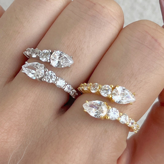 S925 Sterling Silver Open-end Zircon Ring Pear-shaped High Carbon