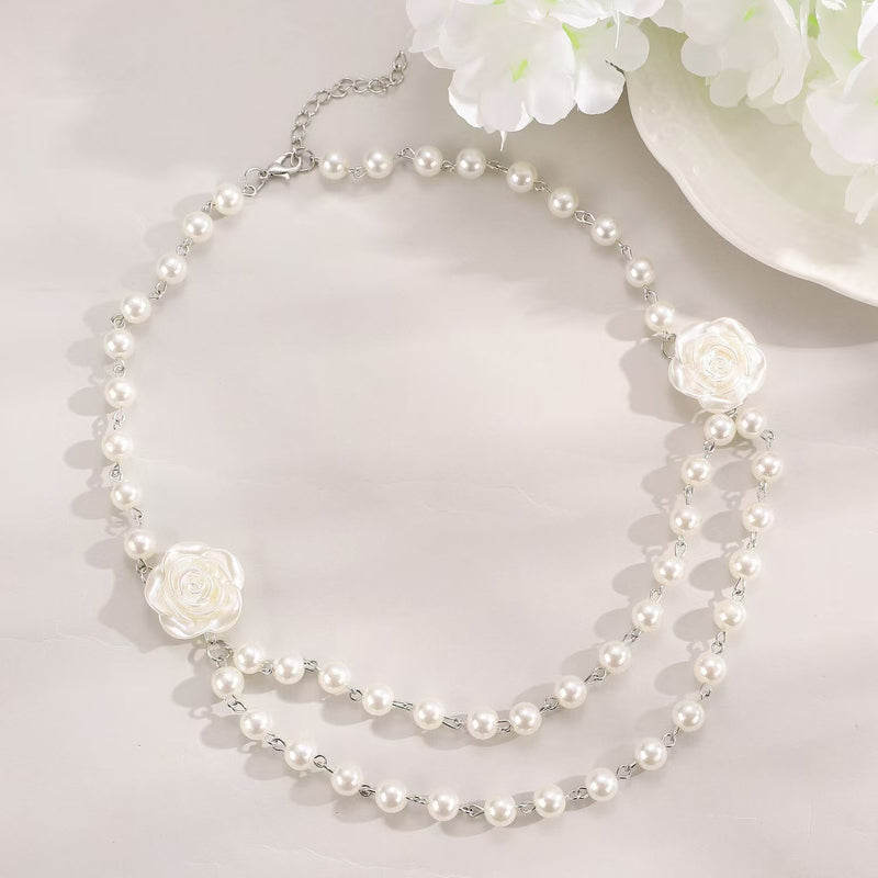 Load image into Gallery viewer, Fairy Style Elegant French Pearl Camellia Double-layer Necklace
